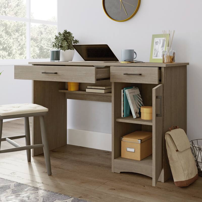 Brown Computer Desk with Flip-Down Keyboard Tray and CPU Storage for Home Office