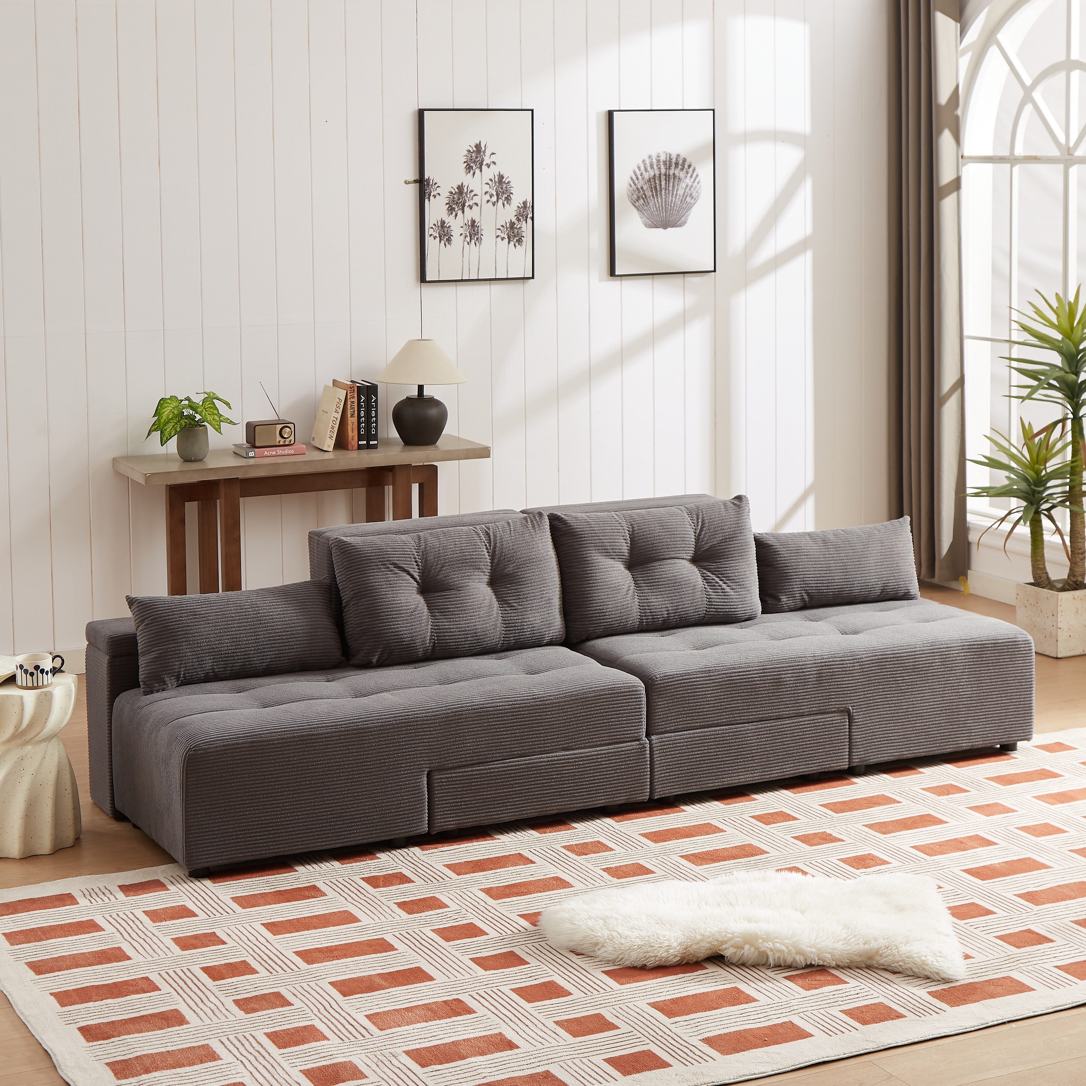 Brick Type Modular Sectional Sofa Sets L shape Sleeper Settee 3 in 1 Corduroy Recliner Beige Daybed with Storage and Pillows