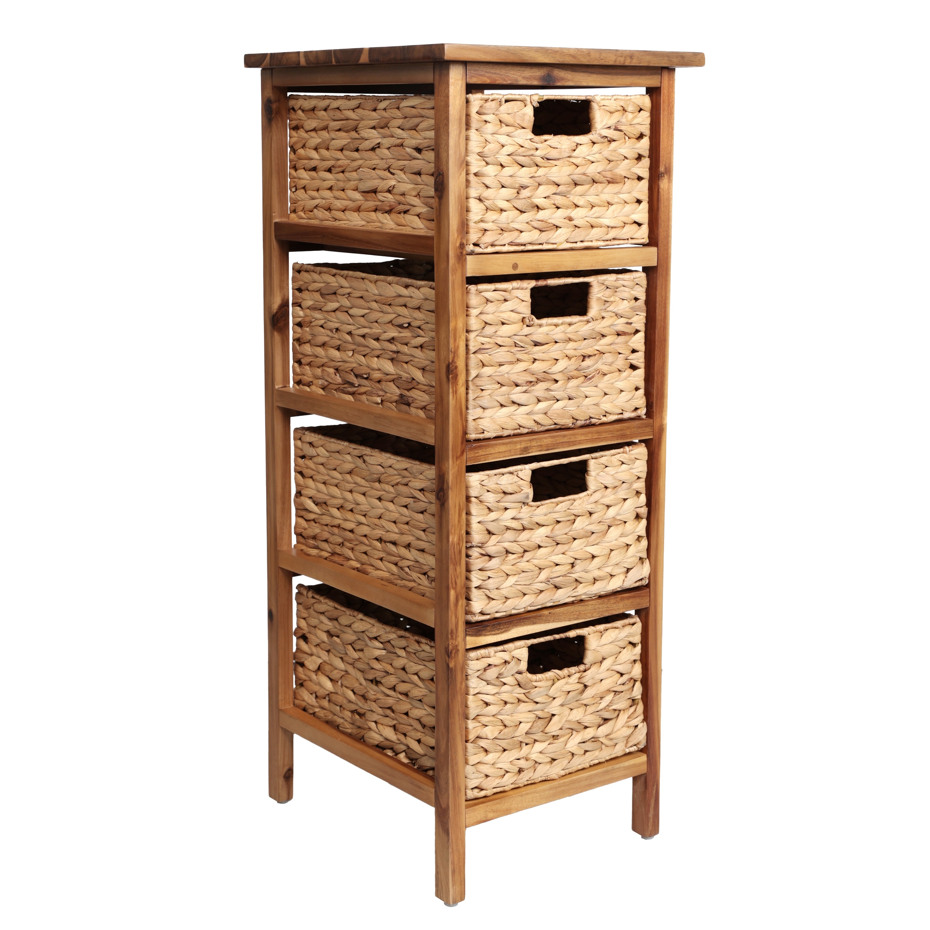happimess Cohen 33.5 in. H Coastal Bohemian Handcrafted Acacia Wood 4-Tier Storage Cabinet with 4 Water Hyacinth Woven Baskets