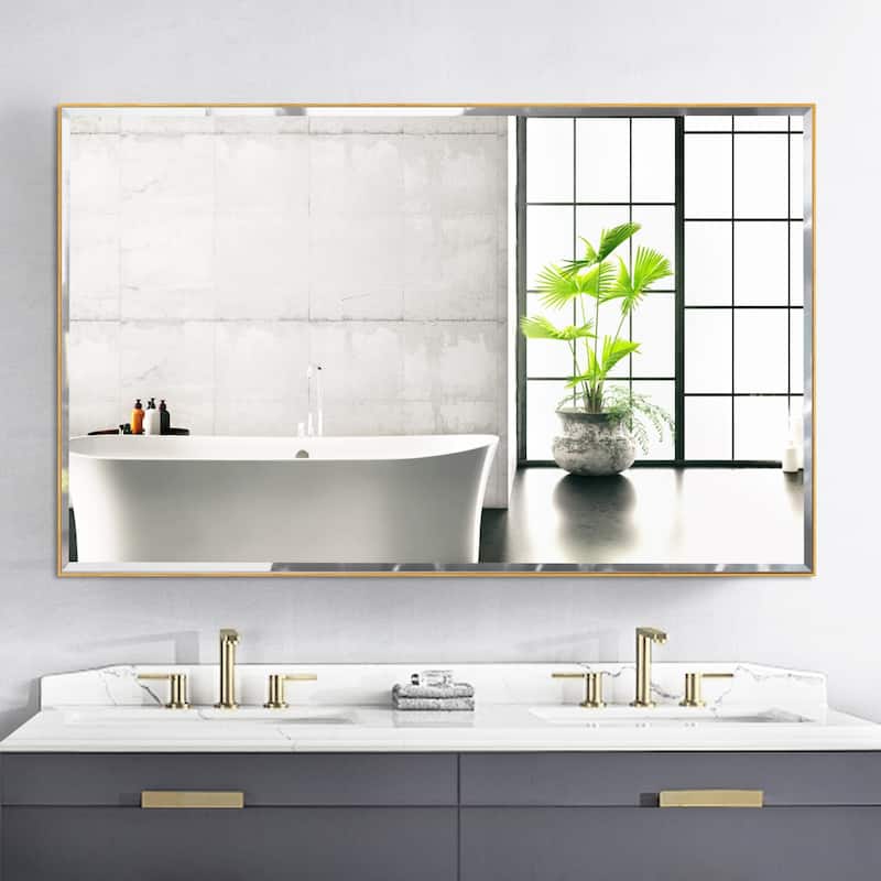 Aluminum Framed Rectangle Beveled Bathroom Wall Mirror - 48"W x 30"H - Gold