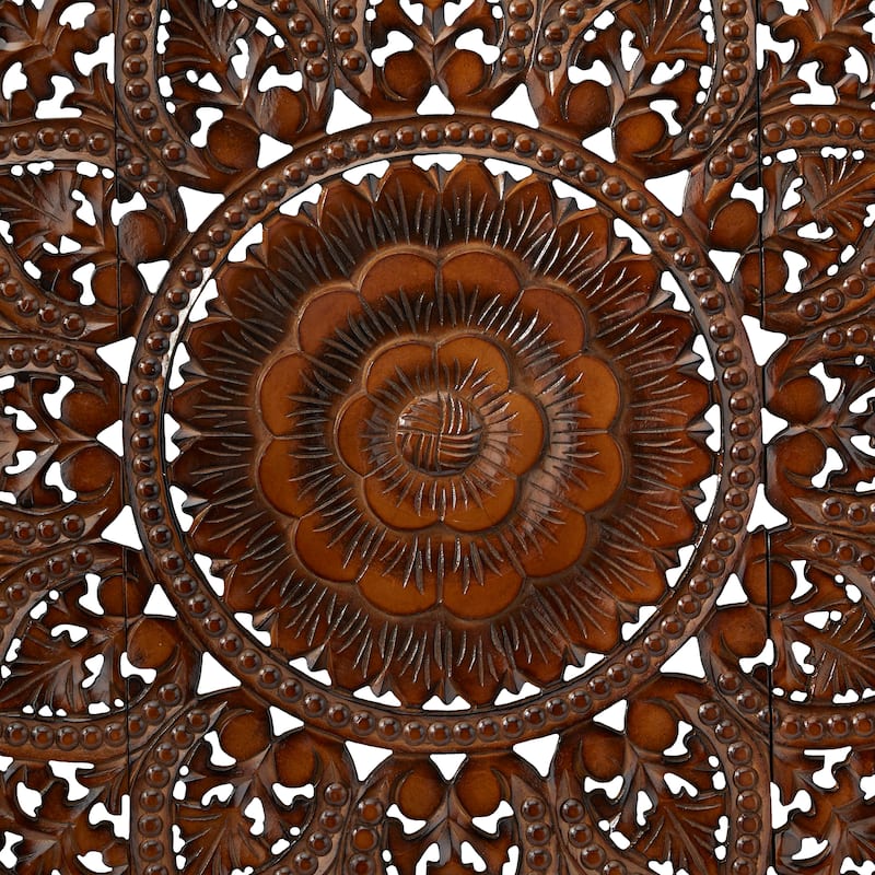 Wooden Handmade Intricately Carved Floral Wall Decor with Mandala Design (Set of 3) - Brown or White