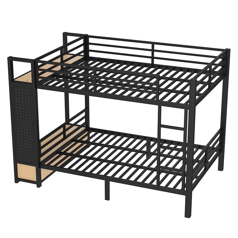 Multifunctional Full Over Full Bunk Bed for Teens with Built-in Wardrobe, Open Shelf, Drawers and Pegboard, Metal Bed Frame