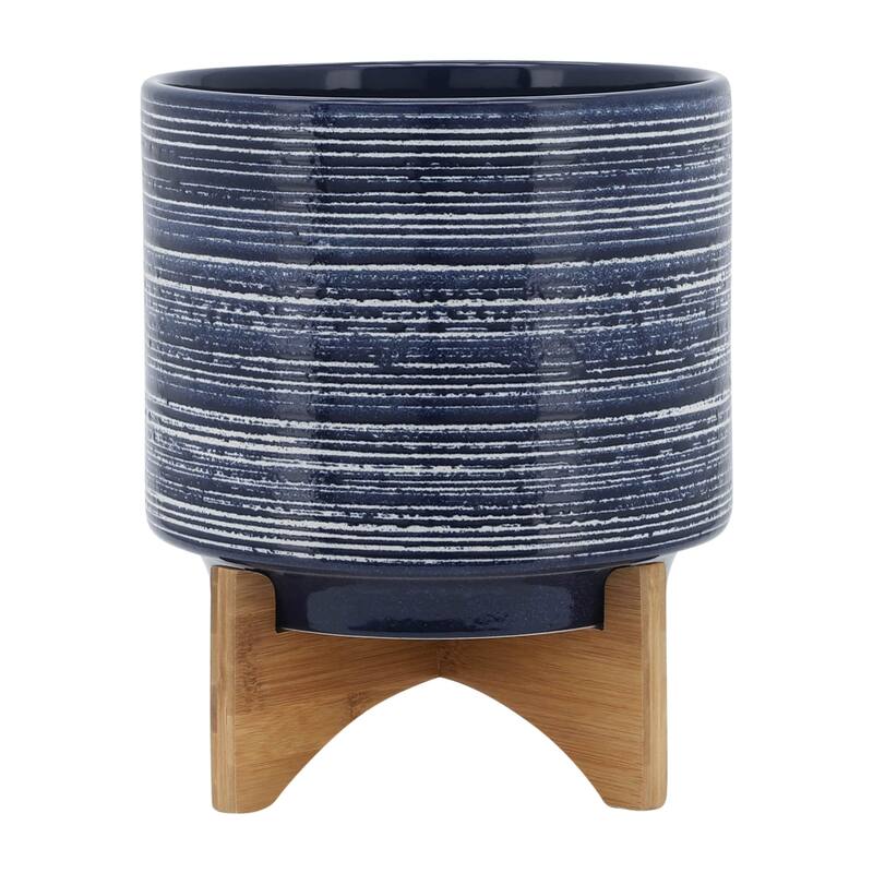 Sagebrook Home Striped Ceramic Planter with Wooden Stand Indoor/Outdoor