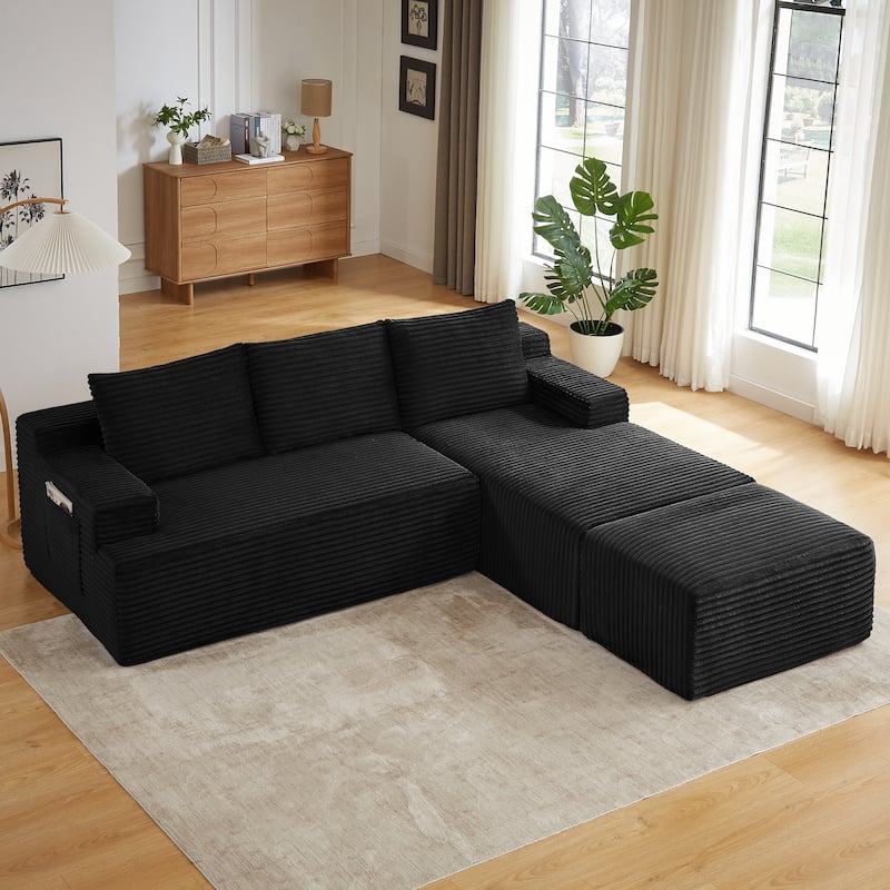 Corduroy Upholstery Cloud Modular Sectional Sofa with Chaise and Pillows, All-Foam Compression Design