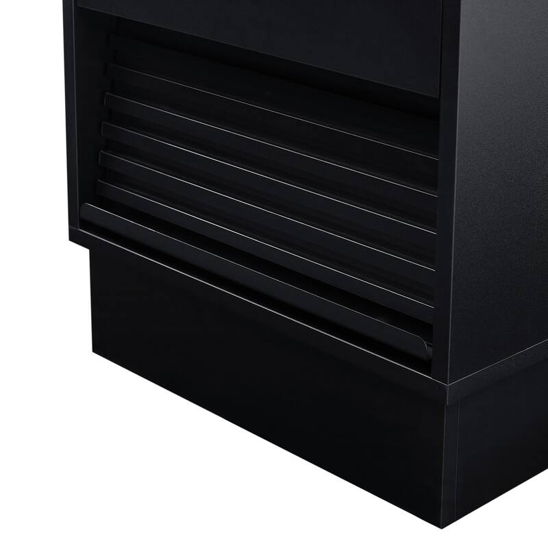 Mid-Century Modern 2-Drawer Nightstand with Charging Station & LED Lights - Bedside/End Table (Black)