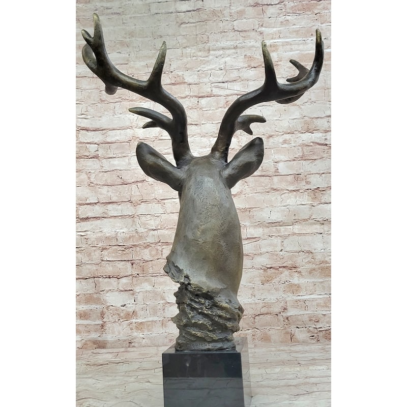Stag Buck Deer Elk Head Bust Bronze Sculpture Statue On Marble Base