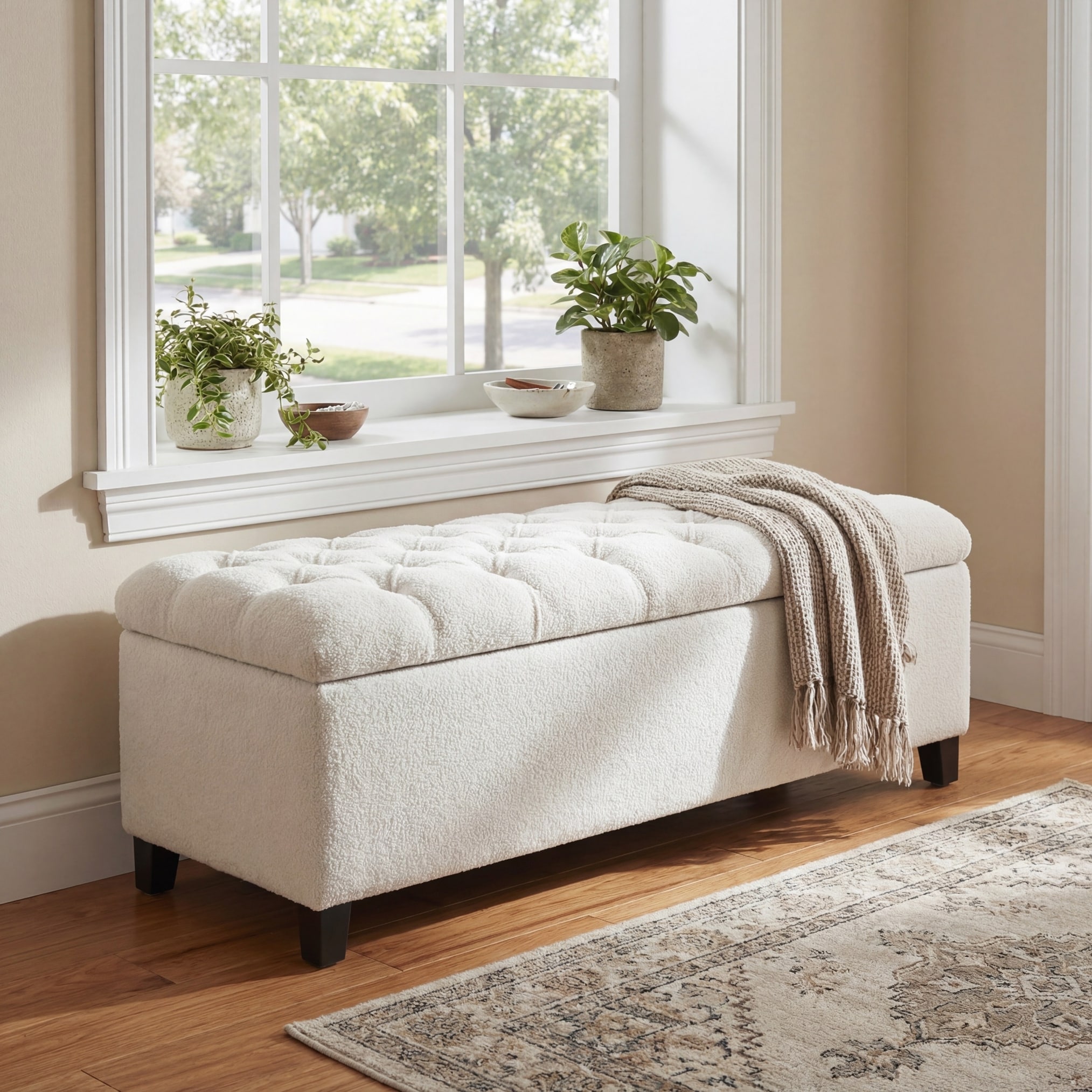 Ottoman Bench with Storage, Rubber Wood Legs, 300 lbs Capacity
