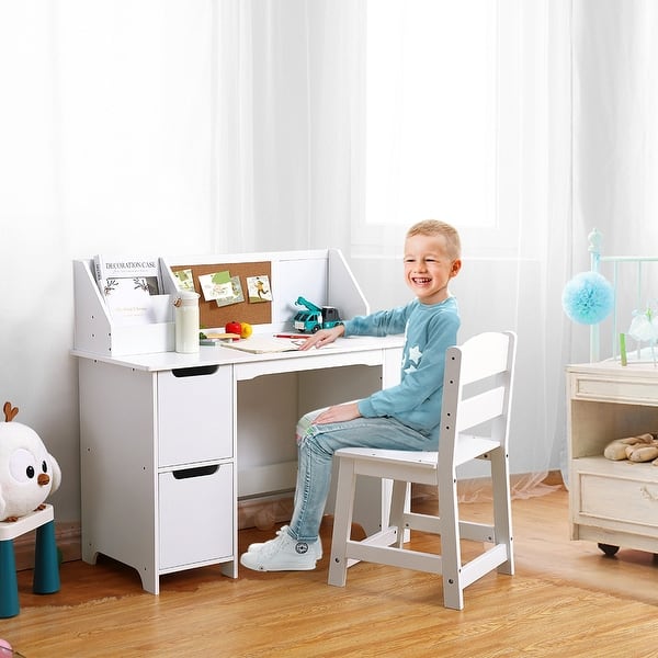 slide 2 of 8, Kids Study Desk and Chair Set with Bookshelf Bulletin Board Cabinets A