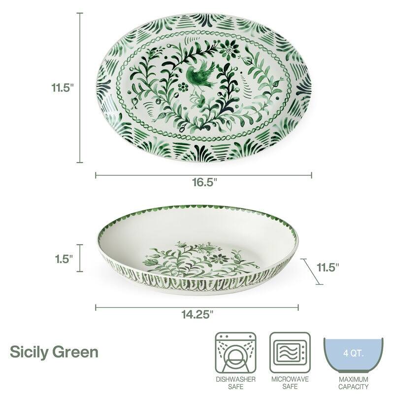 Fitz and Floyd Sicily Green Oval Serving Bowl and Serving Platter Set