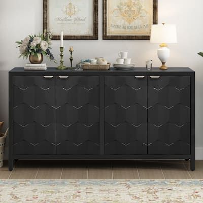 Sideboard Cabinet with Honeycomb Patterned Doors, Buffet Storage with Adjustable Shelves, Console Table with Metal Handles