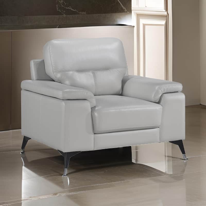 Mica 36 Inch Accent Chair, Metal Legs Light Gray Top Grain and Faux Leather