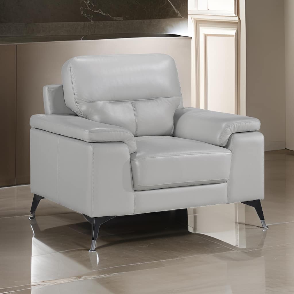 Mica 36 Inch Accent Chair, Metal Legs Light Gray Top Grain and Faux Leather
