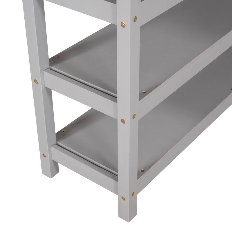 Full/Twin Size Loft Bed with Under-bed Desk & Storage Shelves, Space-Saving Design, Solid Pine Frame, No Box Spring Required