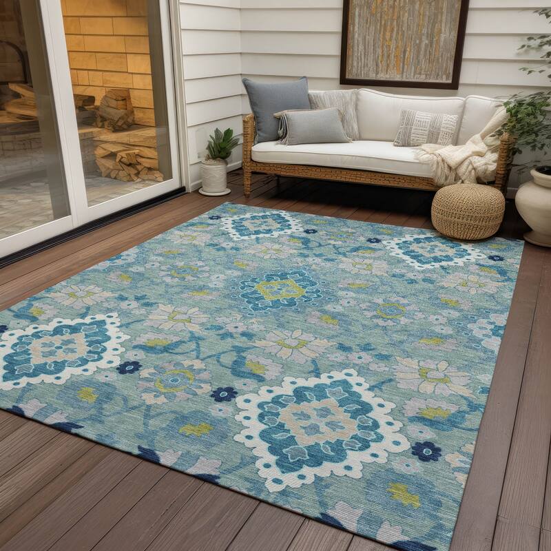 Machine Washable Indoor/ Outdoor Boho Traditional Chantille Rug - Teal - 10' x 14'