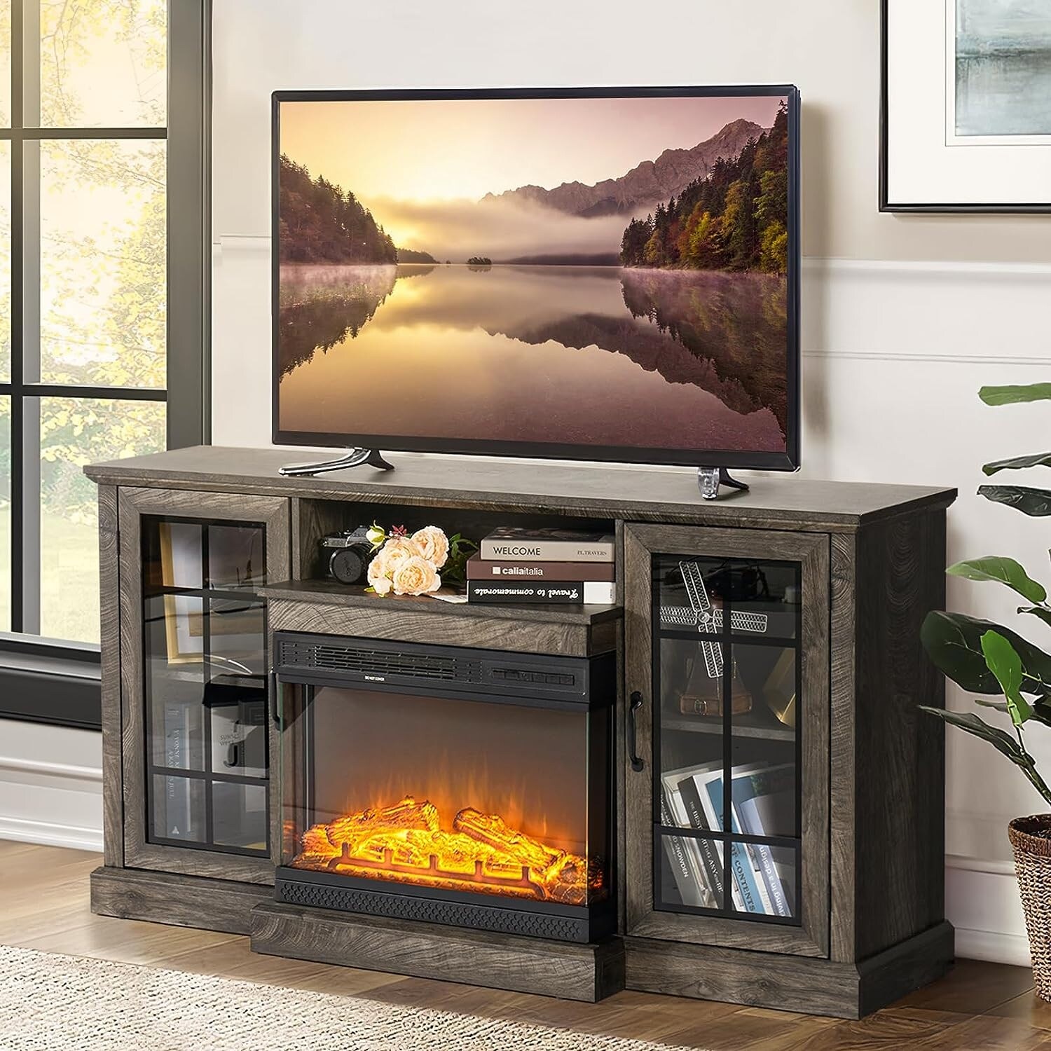 59 Fireplace TV Stand with 3 Sided Glass Electric Fireplace