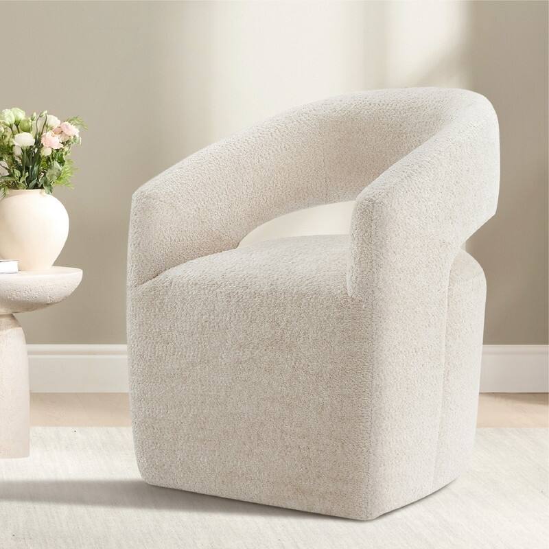Spruce & Spring Joey Barrel Accent Chair with Casters for Living Room, Office, or Reading Nook - Single - Beige-Fuzzy Texture