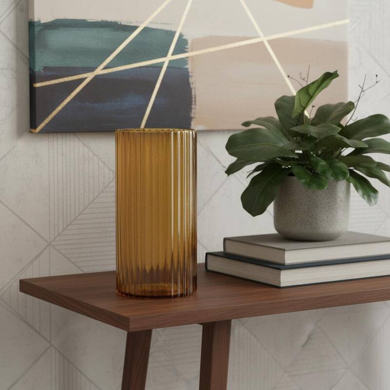 HomeRoots 11" Amber Glass Ribbed Cylinder Table Vase - 6.10