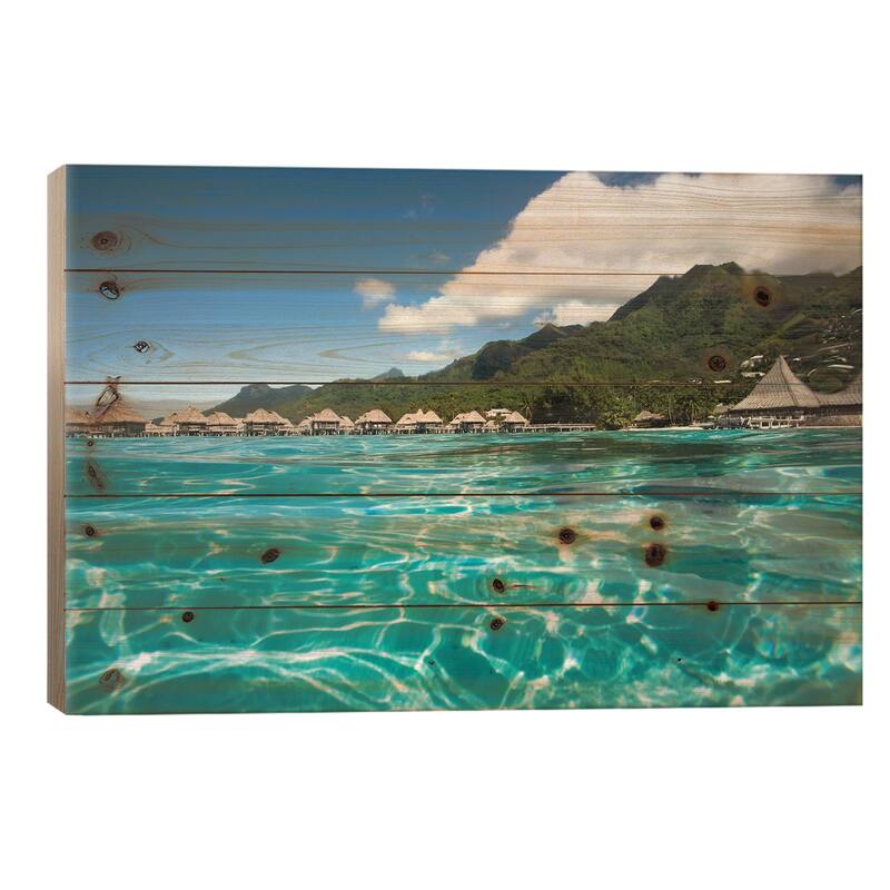 Over Under, Half Water-Half Land, Bungalows On The Beach, Moorea, Tahiti, French Polynesia Print On Wood by Panoramic Images - 18x26x1.5