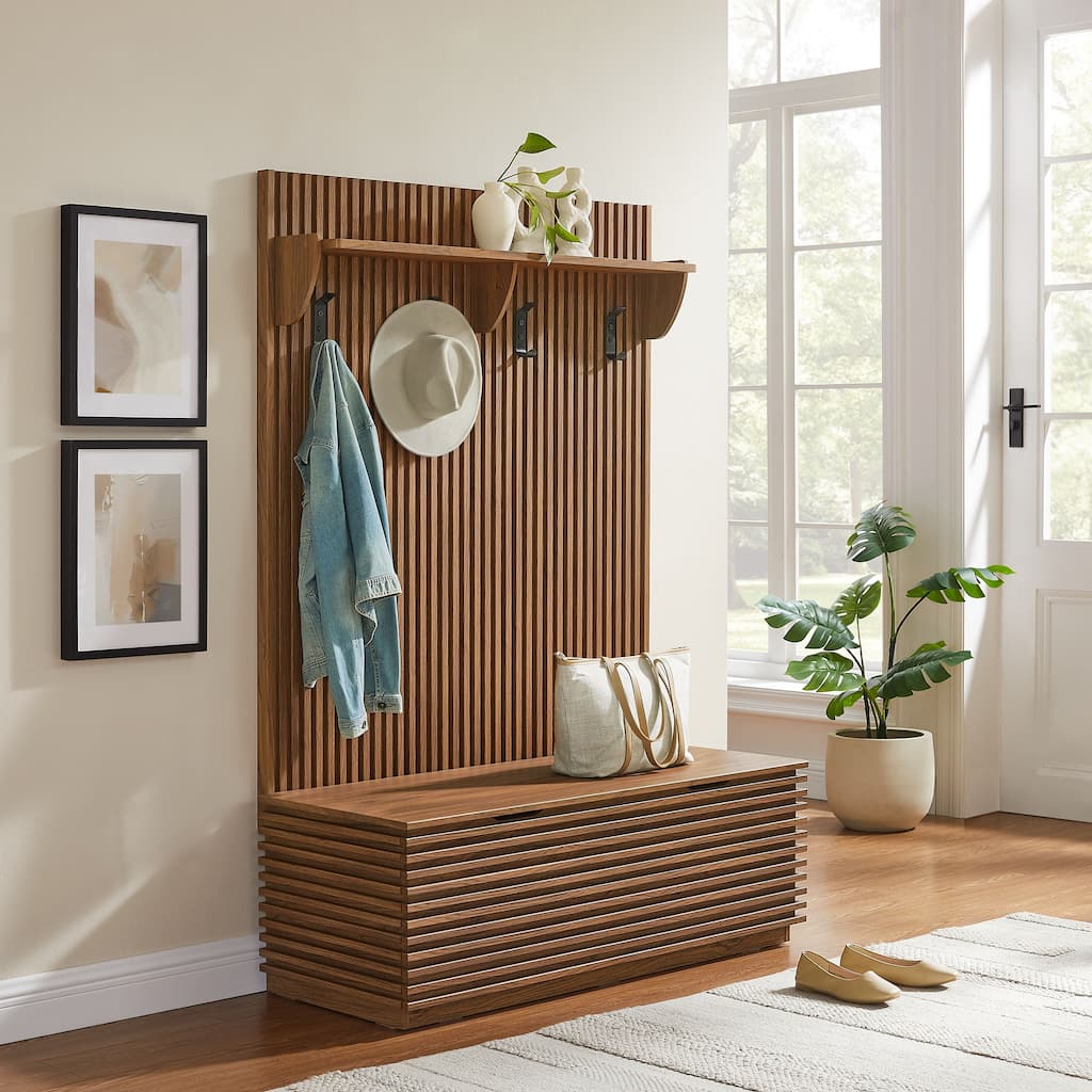 Render Fluted 3-in-1 Hall Tree With Storage Bench and Coat Rack