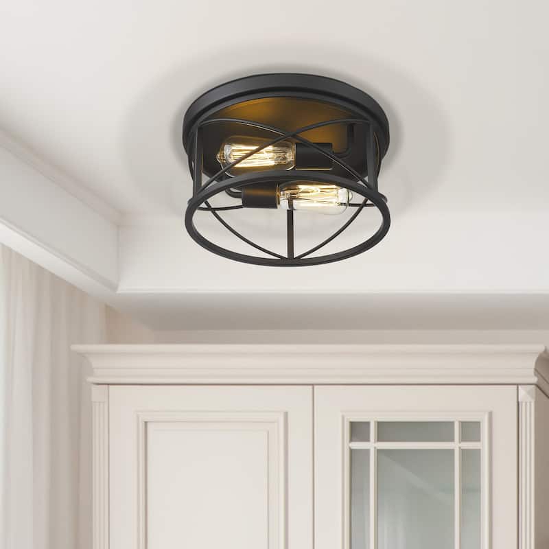 2-Light Industrial Flush Mount Ceiling Lights,Black Finish