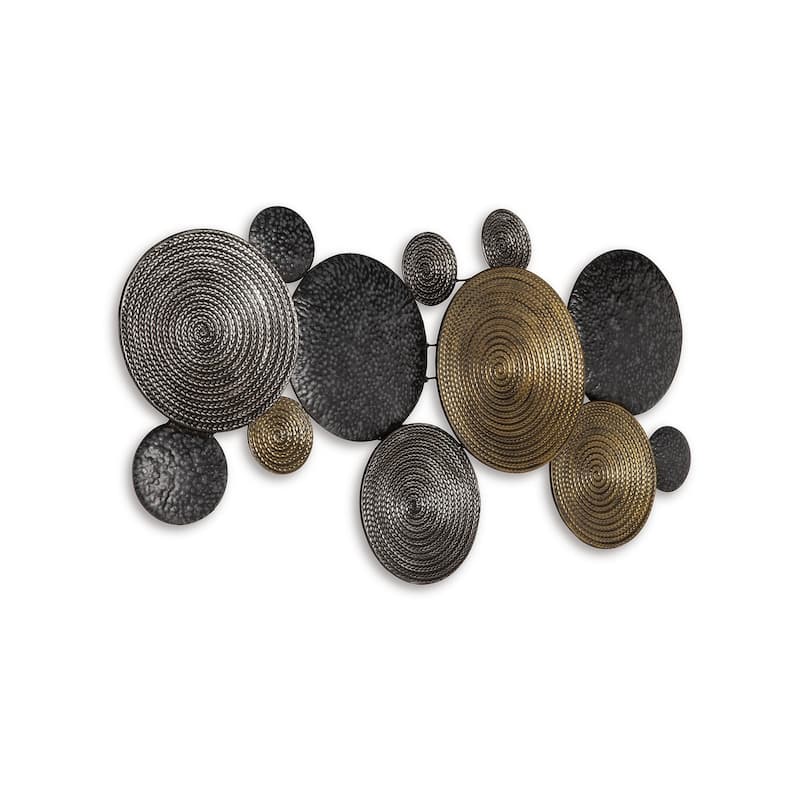 44 Inch Wall Decor, Multiple Circles, Hammered Spiral Texture, Bronze, Black