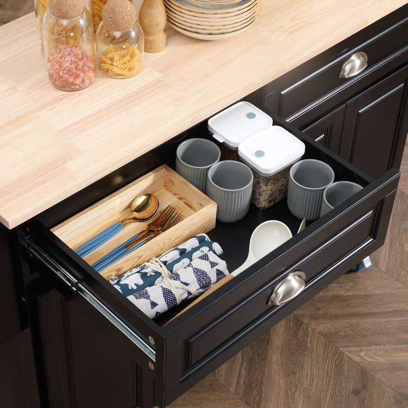 HOMCOM Rolling Kitchen Island on Wheels Utility Cart with Drop-Leaf and Rubber Wood Countertop, Storage Drawers, Dark Grey