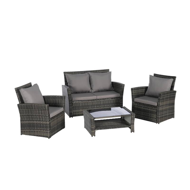 4-Piece Outdoor Patio Rattan Conversation Sofa Set with Tempered Glass Coffee Table