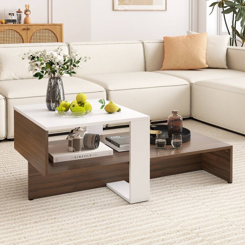 2-Tier Geometric Coffee Table with Storage Shelves for Living Room and Reception Room-White and Brown - Multi - Multi