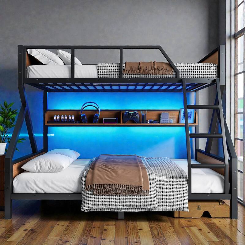 Metal Bunk Bed with Storage Shelves and LED Lights, Space Saving Noise Free Bunk Bed Frame with Guardrails - Black - Queen