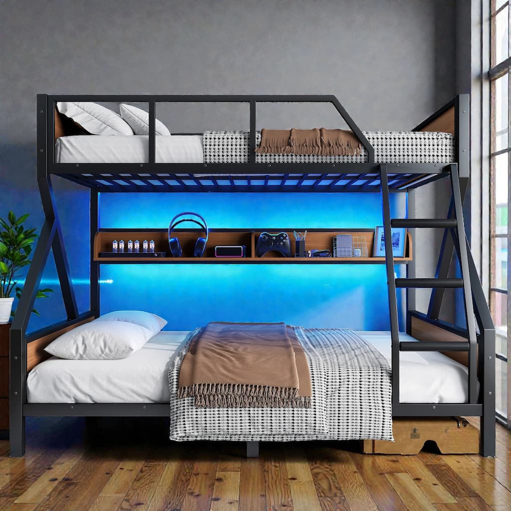 Metal Bunk Bed with Storage Shelves and LED Lights, Space Saving Noise Free Bunk Bed Frame with Guardrails