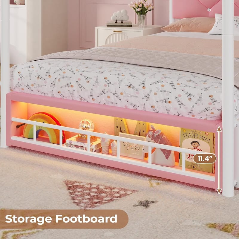 Canopy Bed Frame LED Lights Charging Station Velvet Platform Bed