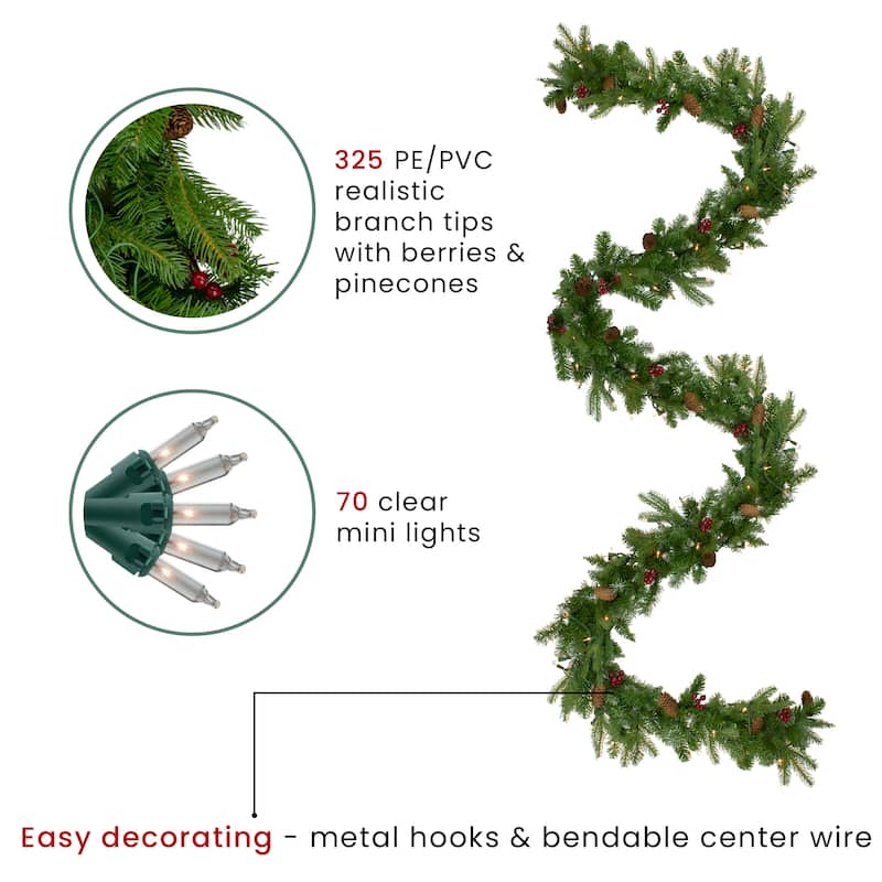 9'x12" Mixed Winter Berry Pine Artificial Christmas Garl Clear Lights