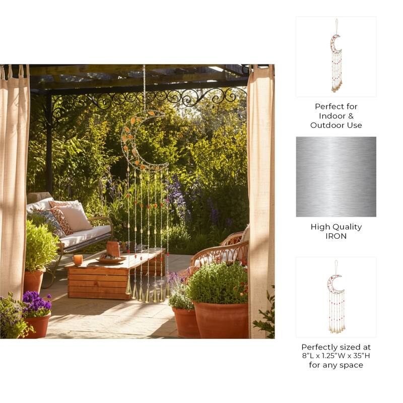 Metal Wind Chime Crescent Moon Design and Beaded Accents - 35" Orange - 8" x 1.25" x 35"