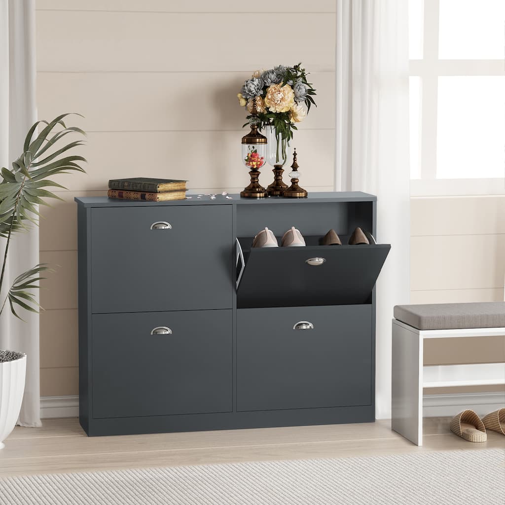 Grey Flip-Top Shoe Cabinet Entryway Storage Organizer Shoe Rack Cabinet
