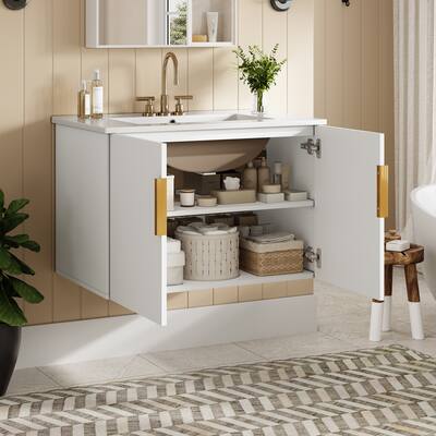 30" Wall-Mount Bathroom Vanity with Ceramic Sink, Floating Bathroom Storage Cabinet Wall Cabinet - 30 Inch