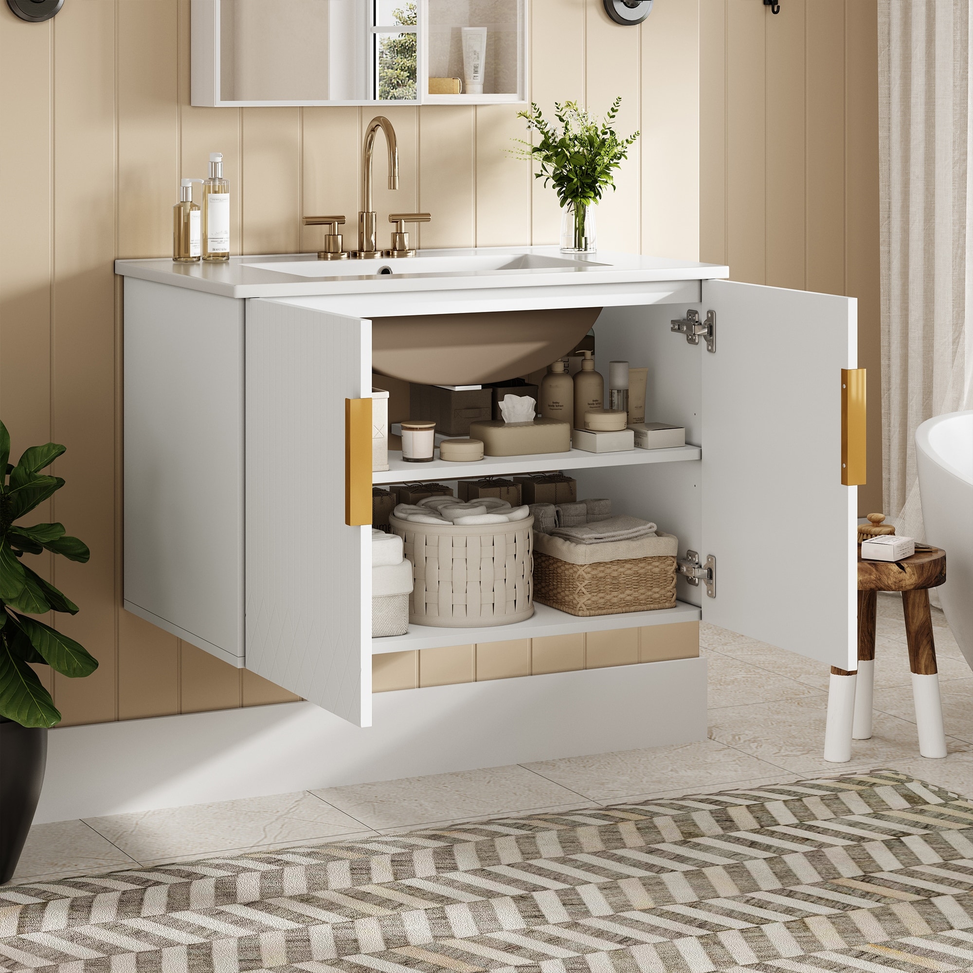 30" Wall-Mount Bathroom Vanity with Ceramic Sink, Floating Bathroom Storage Cabinet Wall Cabinet - 30 Inch