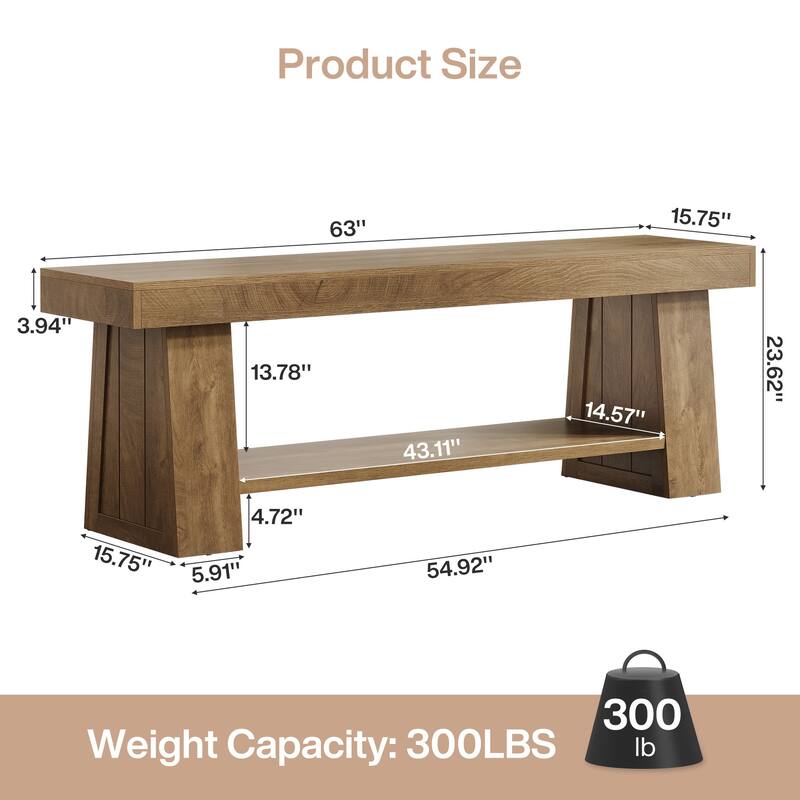 63" Wooden Entryway Bench with Storage Shelf, Extra Long Bench, Hallway Bench for Living Room, Bedroom, Kitchen