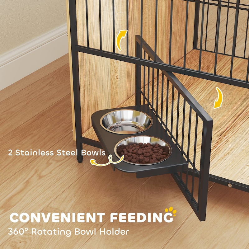 Oak Dog Crate Side Table with Double Doors Rotating Stainless Steel Bowls Elevated Non-Slip Feet and Melamine Finish