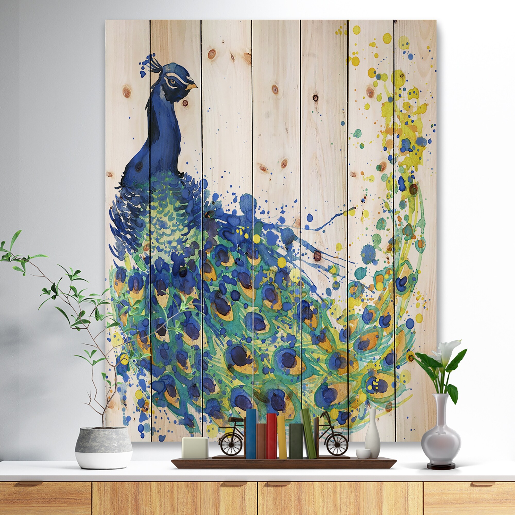 Designart 'Exotic Peacock Watercolor' Traditional Wood Wall Art
