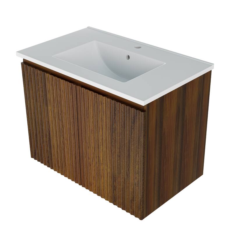 30 inch Walnut Folding Wall Cabinet With Creamic Sink- Patented 1-Minute Install, Space-Saving & Easy Assemble