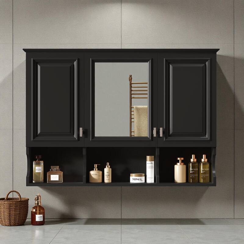 41" Wall Mounted Mirror Medicine Cabinet with Adjustable Shelves, Solid Wood Frame, Bathroom Storage Over Toilet - Black