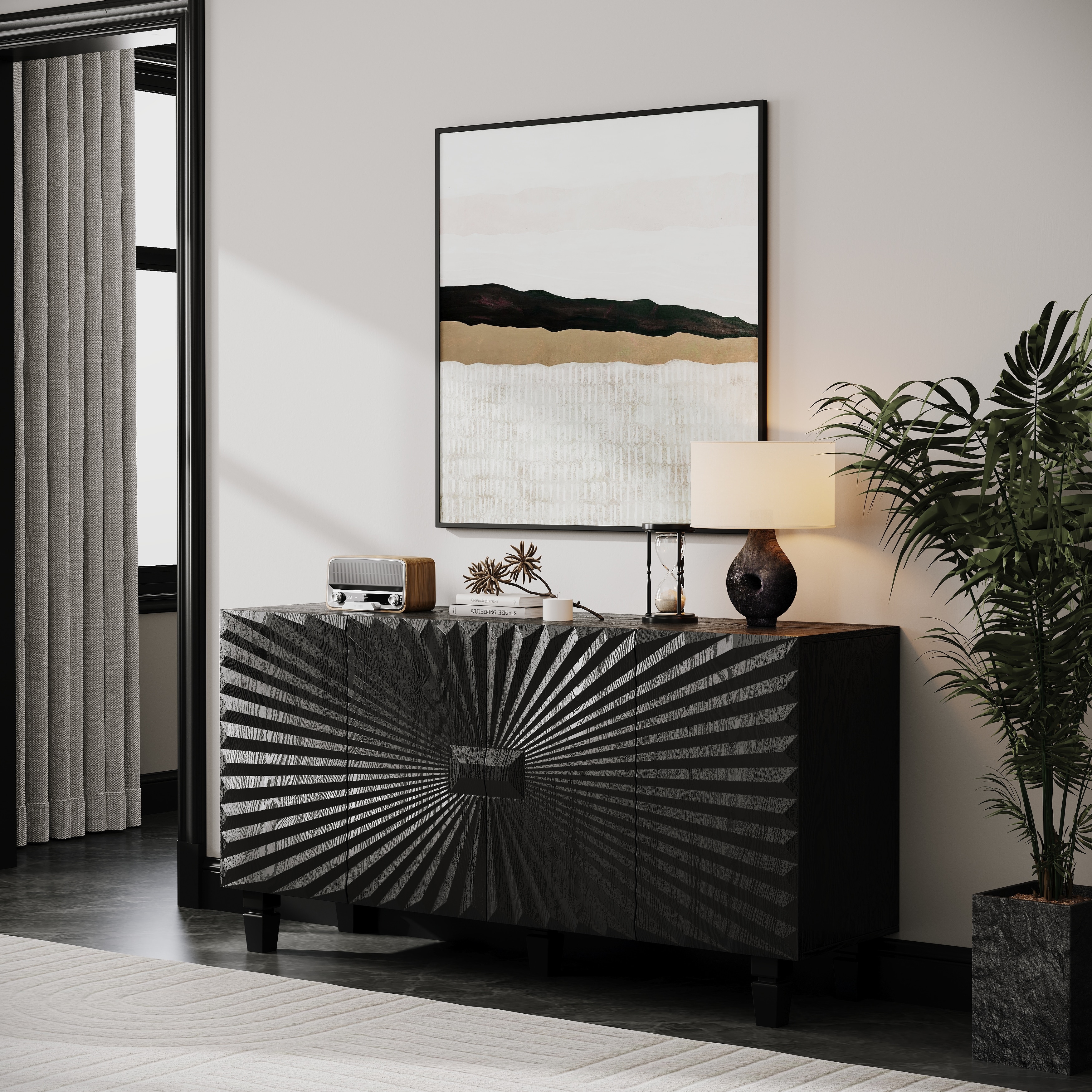 Modern Buffet Sideboard with 4 Sunburst Doors,Credenza Storage Cabinet