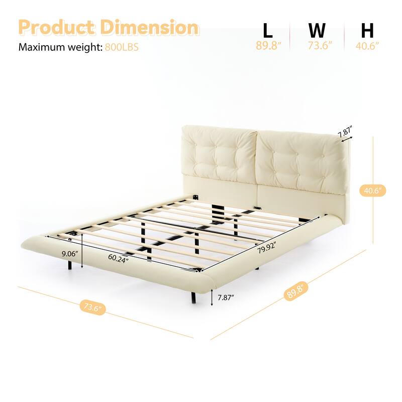 Upholstered Floating Bed Frame with LED Lights, Platform Bed