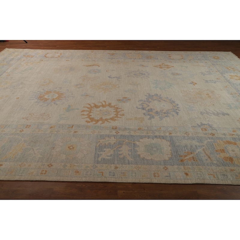 Hand Knotted Oriental 100% Wool Carpet Transitional All-Over Beige & Ivories Oushak Area Rug - 13' 8'' X 9' 10''