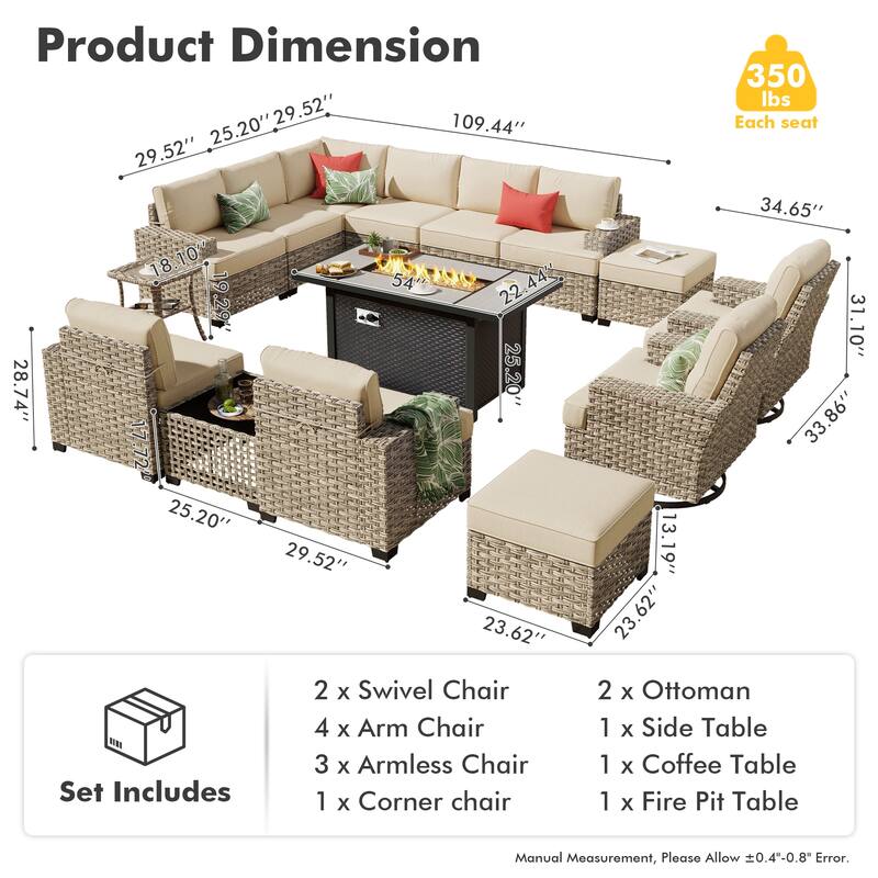 HOOOWOOO 15-piece Outdoor Sofa Patio Wicker Furniture Sectional Set with 54" Fire Pit Table