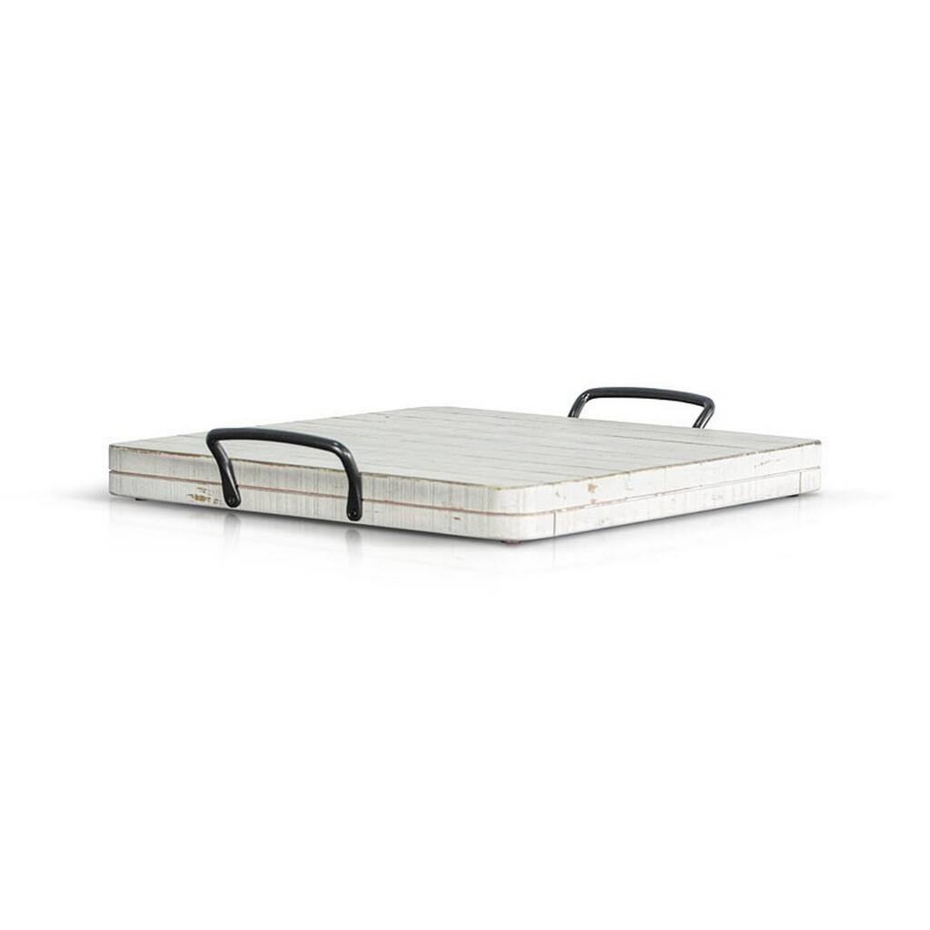 Rena Ottoman Tray, Metal Handles, 17 Inch Distressed White Mahogany