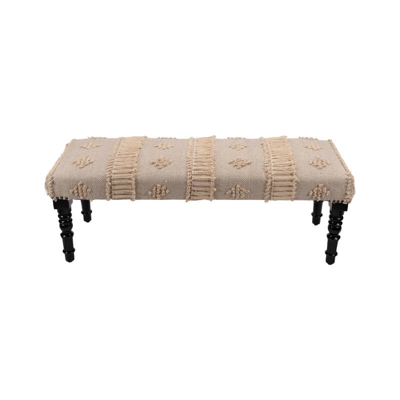 Wood Cream Cotton Upholstered Bedroom Bench Abstract Pattern Nailhead Trim - 16” D x 47” W x 18” H - Cream-Black