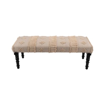 Wood Cream Cotton Upholstered Bedroom Bench Abstract Pattern Nailhead Trim - 16” D x 47” W x 18” H