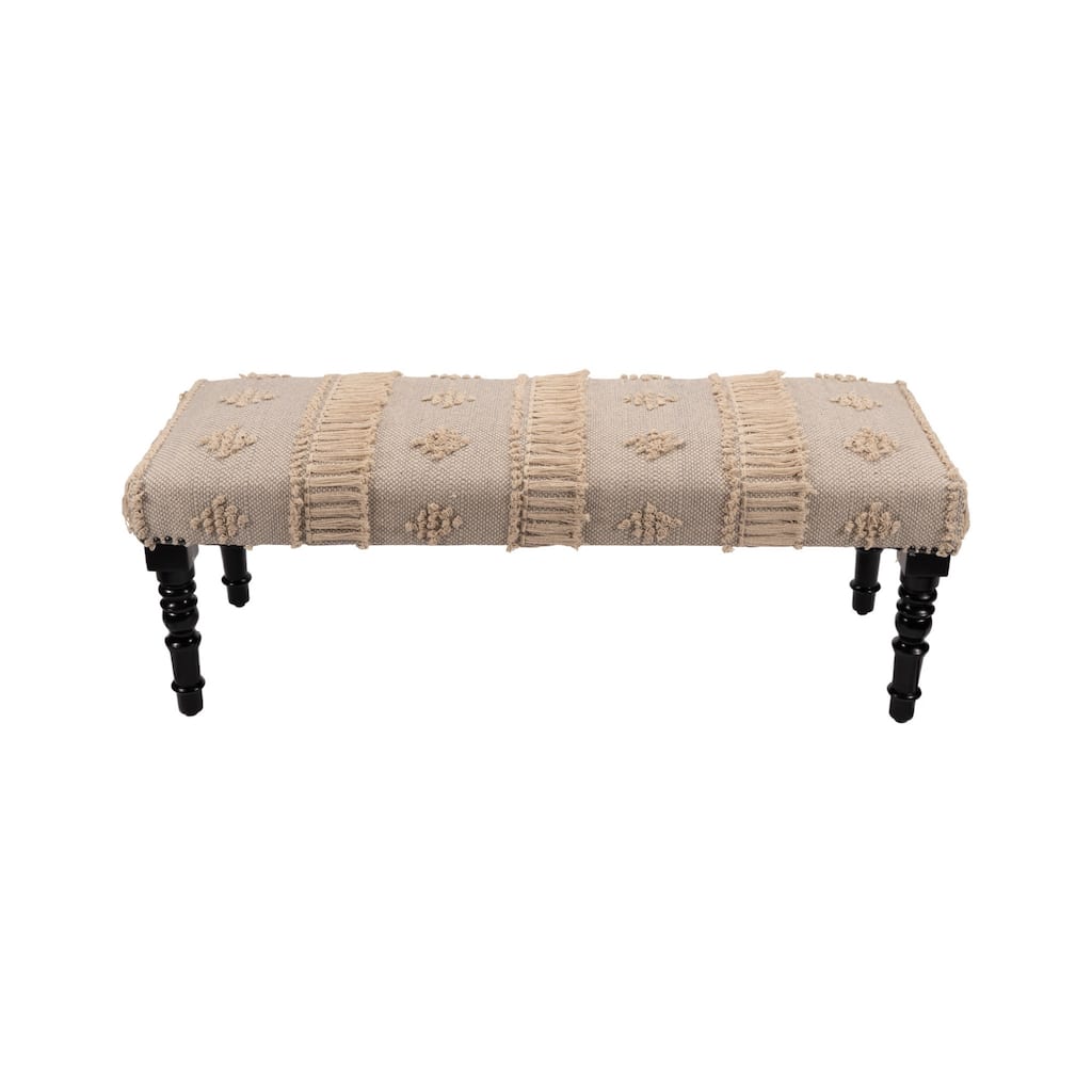 Wood Cream Cotton Upholstered Bedroom Bench Abstract Pattern Nailhead Trim - 16” D x 47” W x 18” H