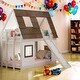 preview thumbnail 1 of 29, Twin Size Wood House Bunk Bed with Window Roof Shape Design and Ladder and Climbing Ramp Brown+White